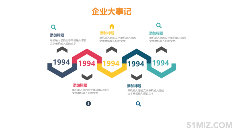 文件格式:ppt/pptx赞芽提供16:9宽屏弯折多边形年份时间轴ppt模板免费