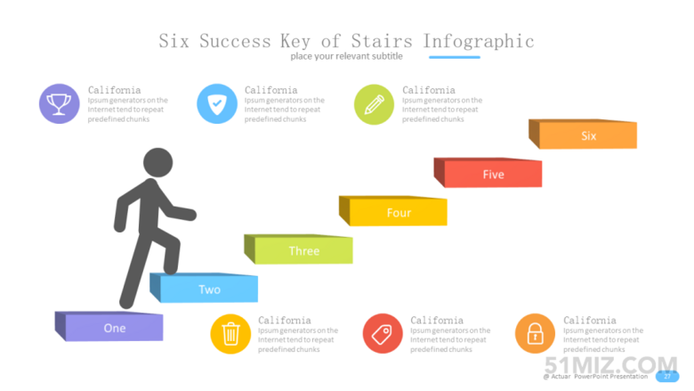 彩色16:9宽屏小人上楼梯6项彩色台阶ppt图表
